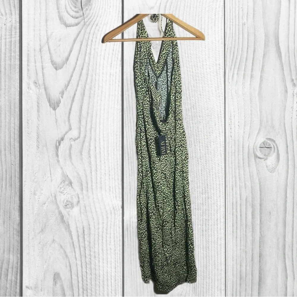 AFRM Green and Black Leopard Print Halter Dress front slit Beach XL - Picture 7 of 7